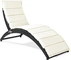 Costway Folding Patio Rattan Lounge Chair Chaise Cushioned Portable Garden Lawn Black