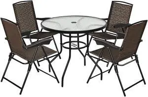 Costway 5PCS Bistro Patio Furniture Set 4 Folding Adjustable Chairs Glass Table W/Hole