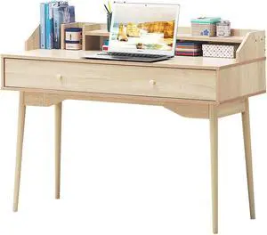 Costway Computer Desk Home Office Writing Desk Study Workstation w/Hutch &Drawer Natural