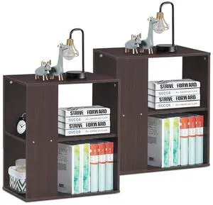 Costway 2 PCS Side End Table 2-Tier Nightstand Bedside Sofa w/ Shelves Brown