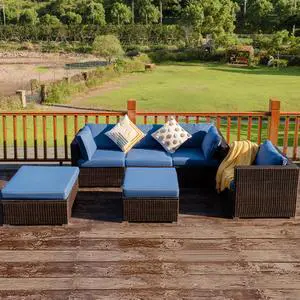 Costway 6PCS Patio Rattan Furniture Set Sectional Cushion Sofa Coffee Table Ottoman Navy