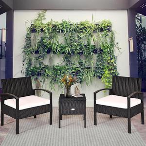 Costway 3PC Outdoor Patio Rattan Furniture Set Storage Coffee Table Cushioned Sofa White