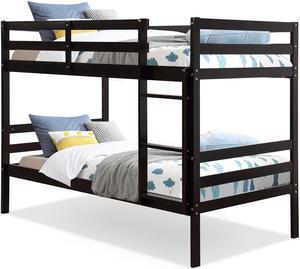 Costway Twin Over Twin Wood Bunk Beds Ladder Safety Rail Espresso