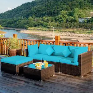 Costway 5PCS Outdoor Patio Rattan Furniture Set Sectional Conversation Turquoise Cushion