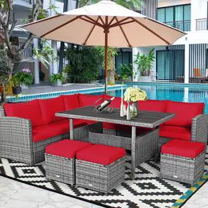 Costway 7 PCS Patio Rattan Dining Set Sectional Sofa Couch Ottoman Garden Red