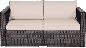 Costway 2PCS Patio Rattan Corner Sofa Sectional Furniture Beige Cushion