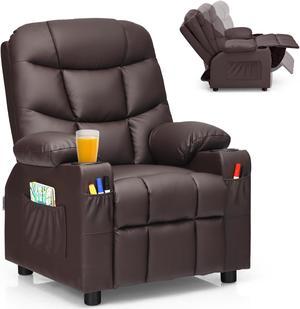 Kids Youth Recliner Chair PU Leather w/Cup Holders & Side Pockets Brown