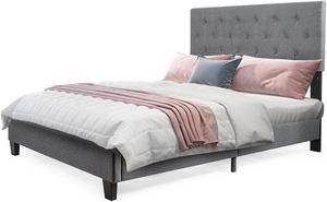 Queen Size Upholstered Panel Bed W/Linen Panel Headboard Upholstered Wooden Bed