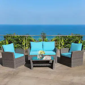 Costway 4PCS Patio Rattan Furniture Set Sofa Table W/Storage Shelf Turquoise