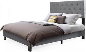 Full Size Upholstered Panel Bed W/Linen Panel Headboard Upholstered Wooden Bed