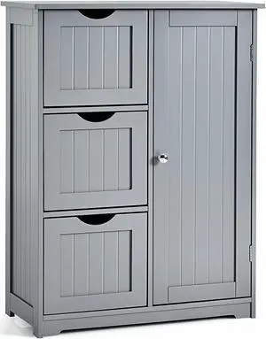 Costway Bathroom Floor Cabinet Side Storage Cabinet with 3 Drawers and 1 Cupboard Grey