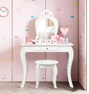 Costway Kids Vanity Set Princess Makeup Dressing Play Table Set W/Mirror  White