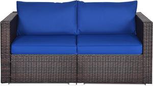 Costway 2PCS Patio Rattan Corner Sofa Sectional Furniture Navy Cushion