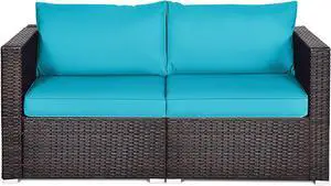Costway 2PCS Patio Rattan Corner Sofa Sectional Furniture Blue Cushion