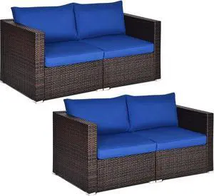 Costway 4PCS Patio Rattan Corner Sofa Sectional Furniture Set Navy Cushion