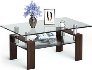 Costway Rectangle Glass Coffee Table Metal Legs End Table Livingroom Coffee