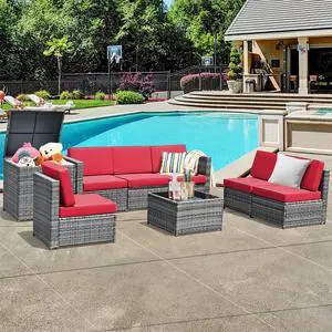 Costway 8 PCS Wicker Sofa Rattan Furniture Set Patio Furniture w/ Storage Table Red