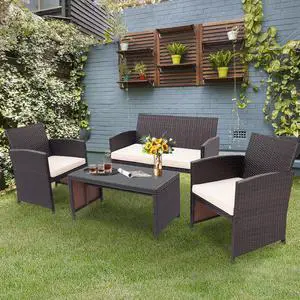 Costway 4PCS Patio Rattan Furniture Set Cushioned Chair Sofa Coffee Table White