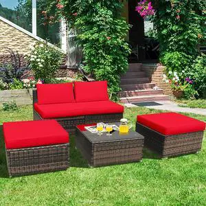 Costway 5PCS Patio Rattan Wicker Furniture Set Armless Sofa Cushioned Red