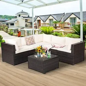 Costway  6PCS Patio Rattan Furniture Set Sectional Cushioned Sofa Deck Beige