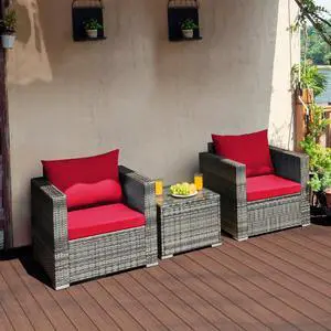 Costway 3 PC Patio Rattan Furniture Bistro Set Cushioned Sofa Chair Table Red