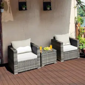 Costway 3 PC Patio Rattan Furniture Bistro Set Cushioned Sofa Chair Table White