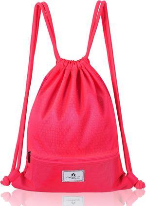 Costway Drawstring Backpack String Bag Folding Sports Sack w/Zipper Pocket Pink