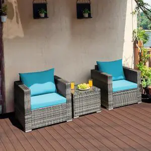 Costway3 PC Patio Rattan Furniture Bistro Set Cushioned Sofa Chair Turquoise