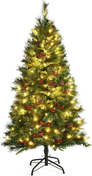Costway 5Ft Pre-lit Hinged PE Artificial Christmas Tree w/ 150 LED Lights & Pine Cones