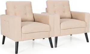 Costway Set of 2 Accent Armchairs Upholstered Single Sofa Chairs w/ 2-Side Pockets Beige