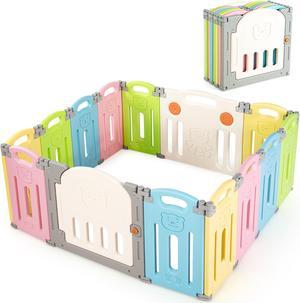 Costway 14 Panel Foldable Baby Playpen Kids Activity Center Safety Play Yard w/Lock Door colorful