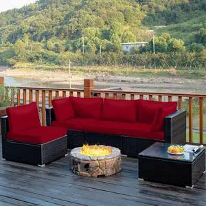 Costway  5PCS Patio Rattan Furniture Set Cushioned Sofa Chair Coffee Table Red