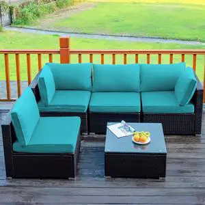 Costway 5PCS Patio Rattan Furniture Set Cushioned Sofa Chair TeaTableTurquoise