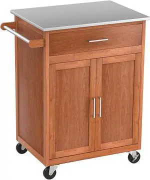 Costway Wood Kitchen Trolley Cart Stainless Steel Top Rolling Storage Cabinet Island