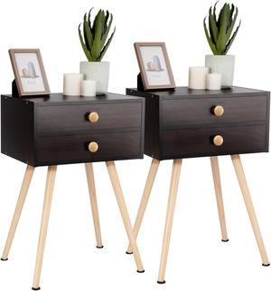 Costway 2 PCS Mid Century Modern 2 Drawers Nightstand Sofa Side Table End Table Espresso