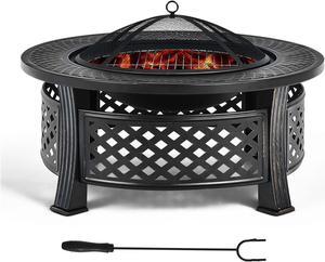 Costway 32'' Round Fire Pit Set W/ Rain Cover BBQ Grill Log Grate Poker