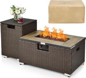 Costway 32''x 20'' Propane Rattan Fire Pit Table Set w/ Side Table Tank & Cover 40,000 BTU Brown