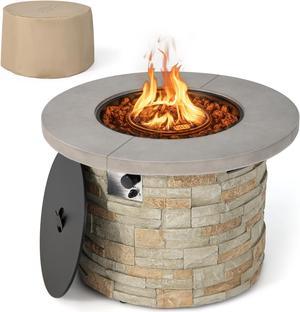 Costway 36'' Round Propane Gas Fire Pit Table Faux Stone w/ Lava Rock PVC cover