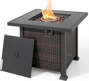 Costway 32'' Propane Fire Pit Table 50,000 BTU Square Firepit Heater w/ Lava Rocks Cover Mix Brown