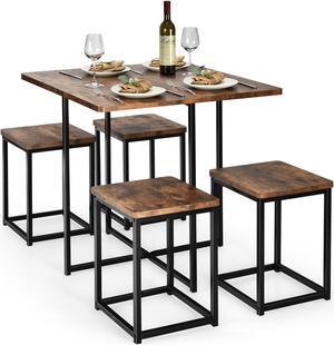 Costway 5pcs Dining Set Compact Dining Table and 4 Stools Metal Frame Nature\ Vintage Walnut