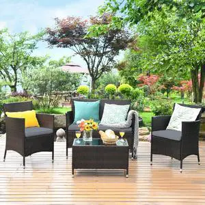 Costway 4PCS Outdoor Patio Rattan Furniture Set Table Shelf Sofa W/ Gray Cushions