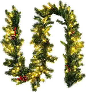 Costway 9Ft Pre-lit Artificial Christmas Garland Red Berries w/ 100 LED Lights & Timer