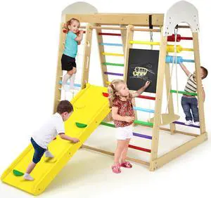 Costway Indoor Playground Climbing Gym Kids Wooden 8 in 1 Climber Playset  for Children Multicolor