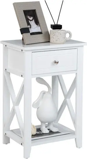 Costway Nightstand Sofa Side End Table with Drawer & Shelf Bedroom Furniture White