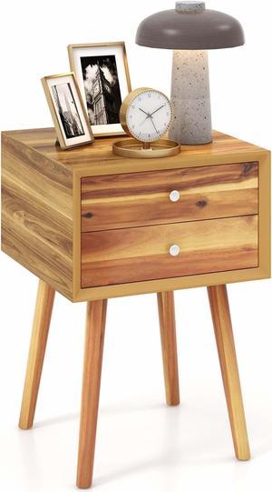 Costway Wooden Nightstand Mid-Century End Side Table Bedroom W/2 Storage Drawers Natural