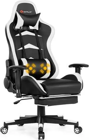 Goplus Massage Gaming Chair Reclining Swivel Racing Office Chair with Footrest White