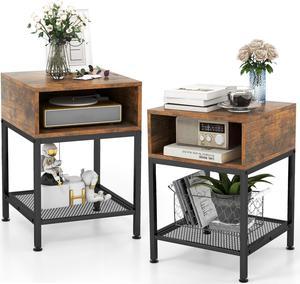Costway 2PCS Nightstand Mid-Century End Side Table 2 Drawer Rubber Wood Legs Living Room