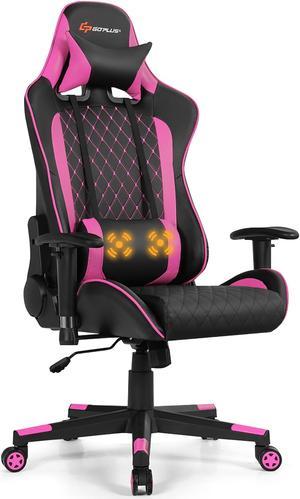 Goplus Massage Gaming Chair Reclining Racing Chair w/Lumbar Support and Headrest Pink