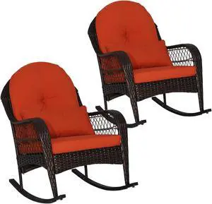 Costway 2PCS Outdoor Patio Rattan Wicker Rocking Chair Rocker Cushion Pillow Garden Deck