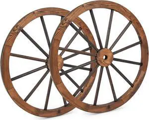 Costway Set of 2 30 In Decorative Vintage Wood Garden Wagon Wheel w/Steel Rim Wall Decor